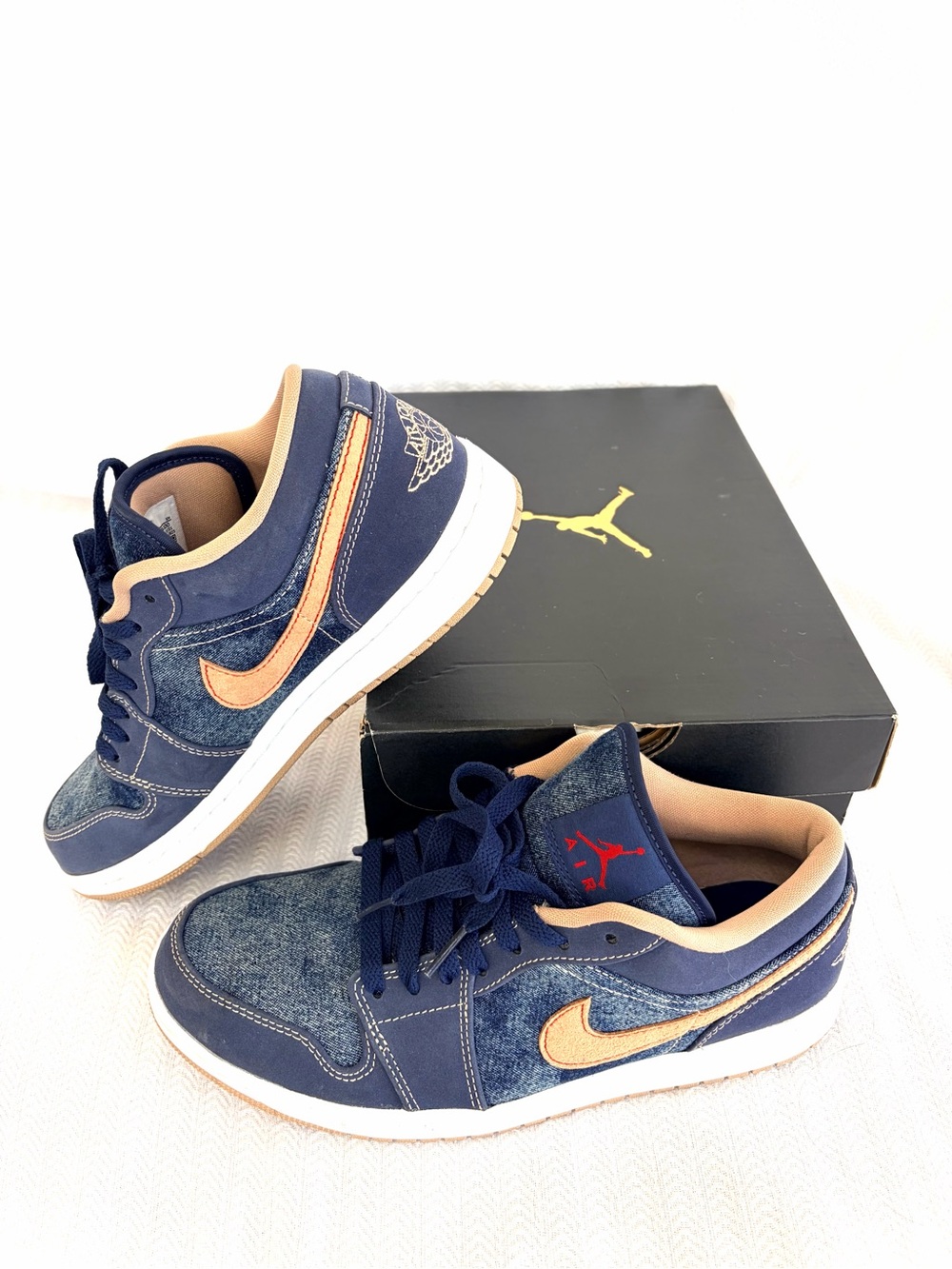 Air Jordan Low Top Men’s Sneakers - Navy Denim Blue with Tan Swoosh